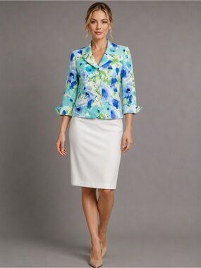 Evan Picone Floral Skirt Suit | Size 8 | Watercolor Jacket & White Skirt Set